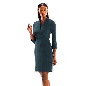 MM Lafleur Niko Faux Wrap Knee Length 3/4 Sleeve Sheath Dress in Deep Forest, 2